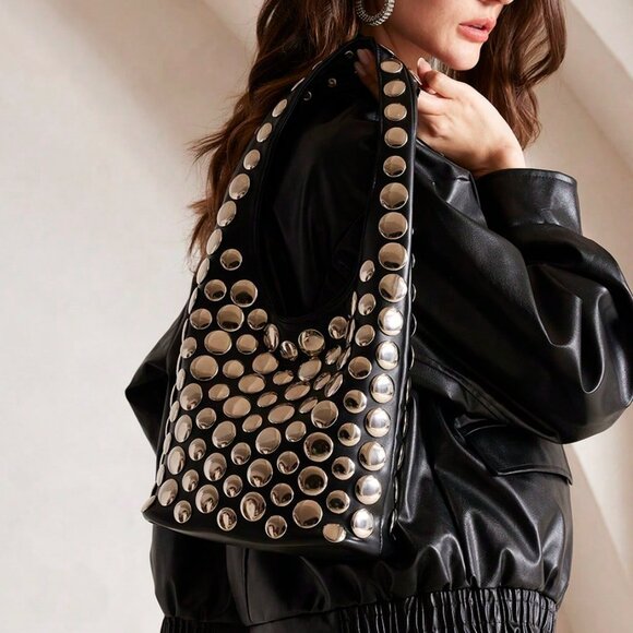 Black Punk Women's Bucket Bag with Metal Studs - Picture 2 of 5